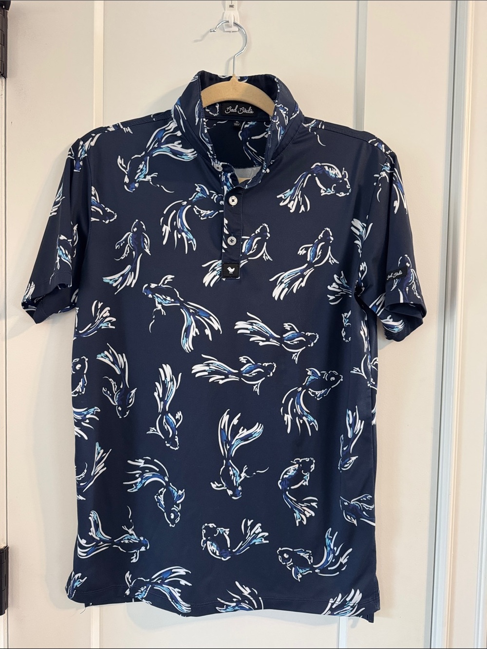 Bad Birdie Navy Polo with White & Light Blue Koi Print